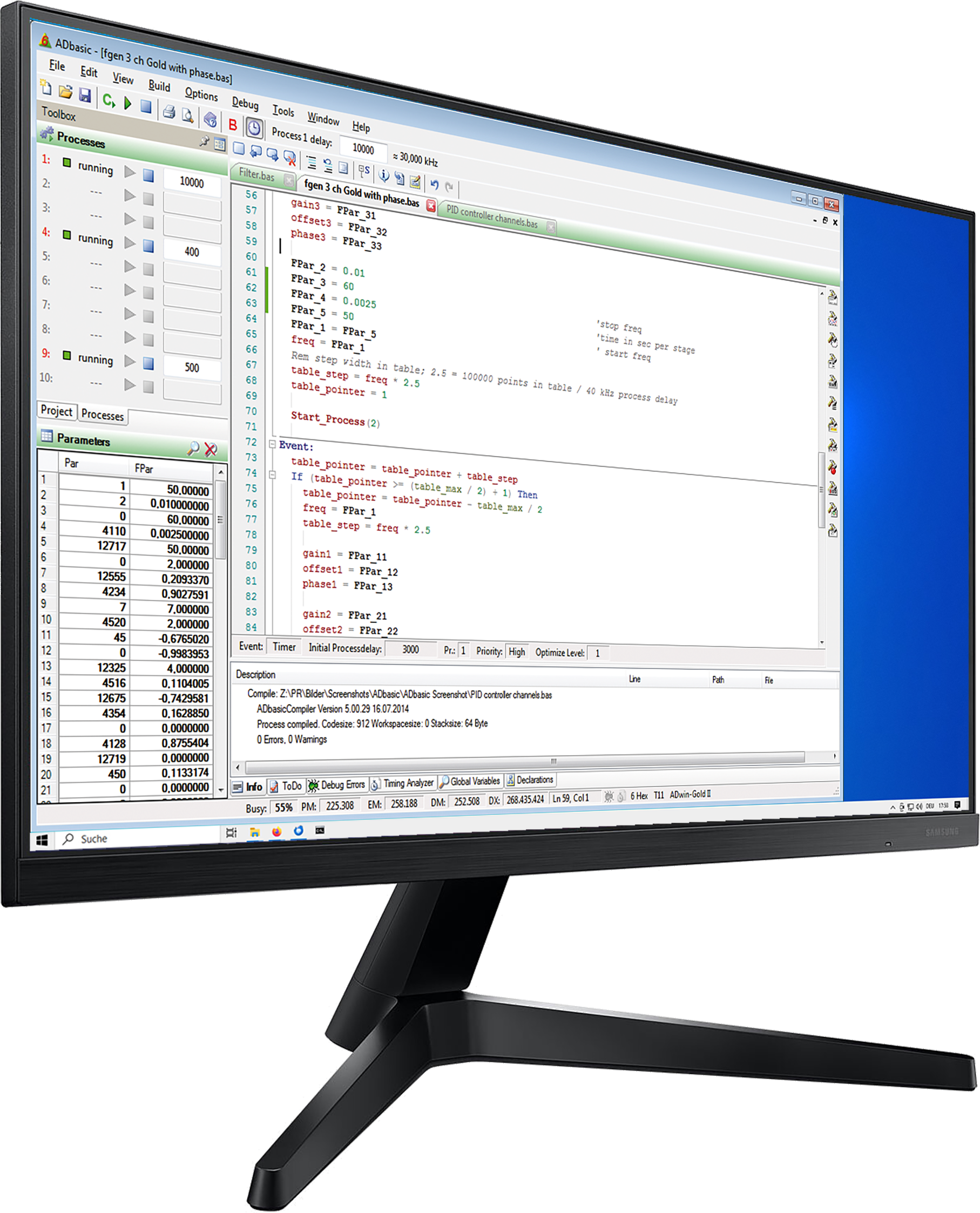 ADbasic-Oberfläche auf einem Monitor mit Echtzeit-Code