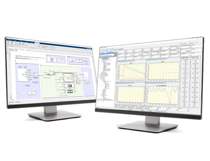 Zwei Monitore mit ADsim-Code und einer GUI